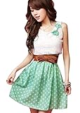 Bluetime Womens Polka Dots Sleeveless Lace Skater Dress With Bowknot Green