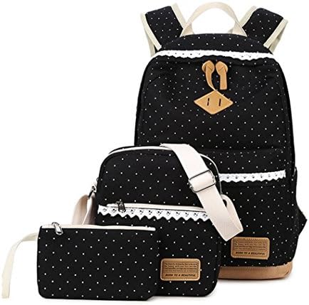 WKBY 3pcs Student Bag Backpack Fashion Bookbag Casual Canvas Satchels Dot Shoulder Bags Travel Rucksack for Teenage Girls School Bags (Black)