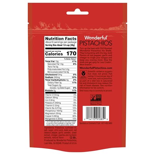 WONDERFUL PISTACHIOS NO SHELLS, CHILI ROASTED NUTS, 5.5 OUNCE RESEALABLE BAG, PROTEIN SNACKS, GLUTEN FREE TRAVEL SNACKS, HEALTHY SNACK