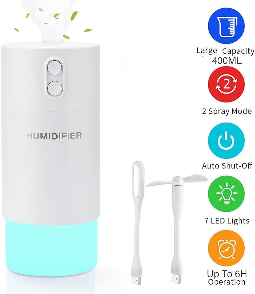 Cool Mist Humidifier 400ml Spray Ultrasonic Air Humidifier Purifier Hydrating Portable With 7 Color Modes LED Light USB For Bedroom Home Office Car Baby Kids Table With Bonus Mini LED Fan(WHITE)
