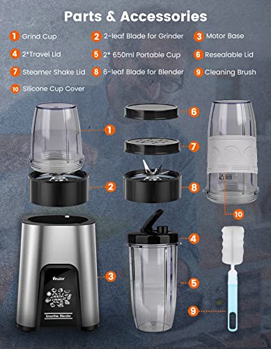 VEWIOR 850W Smoothie Bullet Blender for Shakes and Smoothies, 12 Pieces Personal Blenders for Kitchen with 6 Fins Blender Blade, Smoothie Blender with 2 * 23 oz To-Go Cups BPA Free