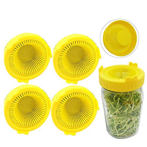 Bsopem 4Pcs Sprouting Lids, Plastic Sprouting Jar Kit, Wide Mouth Mason Jars Lids, for Bean Sprout Alfalfa Salad Sprouts(Yellow)