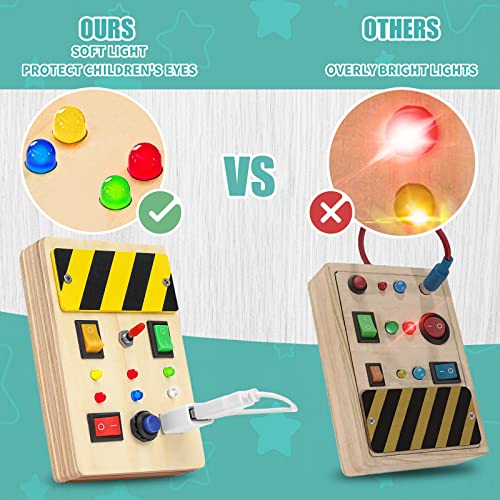 Aomoee Montessori Busy Board for Toddlers, Wooden Sensory Board with Buttons and Pluggable Wires