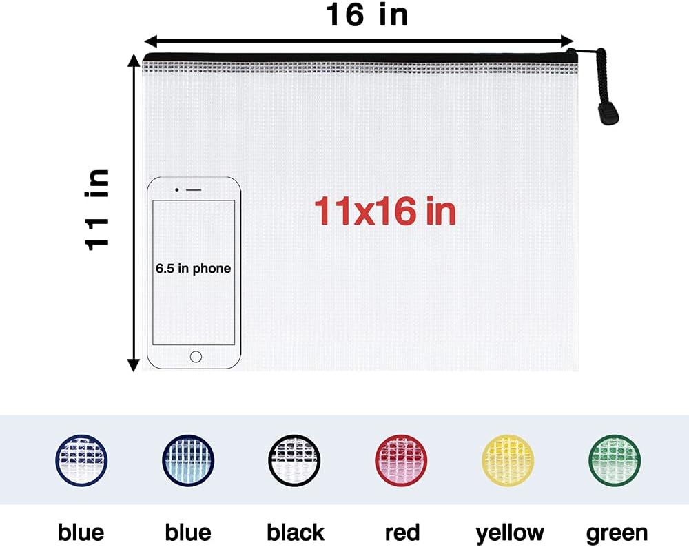 SUNEE Plastic Mesh Zipper Pouch 11x16 in (6 Colors, 12 Packs) Extra Large Zip File Bags for Office Supplies, Cosmetics, Travel Storage, Bills, Accessories, Puzzles & Games Organizing Storage : Office Products