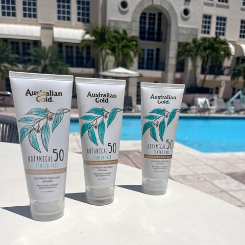 AUSTRALIAN GOLD BOTANICAL SPF 50 TINTED MINERAL SUNSCREEN FOR FACE, NON-CHEMICAL BB CREAM, WATER-RESISTANT, MATTE FINISH, FOR SENSITIVE FACIAL SKIN, MEDIUM TO TAN SKIN TONES, 3 FL OZ