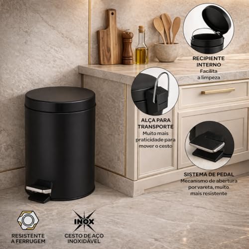 Lixeira com Pedal 12 Litros em Aço Inox, Cesto Interno Removível, Tampa Basculante, Alça para Transporte, Lixeira para Banheiro, Cozinha e Lavabo – Preto, Branco ou Inox