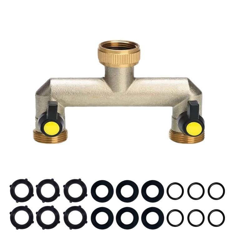 Brass Garden Outside Tap Splitter 2 Way Hose Manifold,3/4" Tap Adapter Hose Pipe Tap Splitter Outdoor,Twin Tap Connector,Faucet Splitter,Hose Bib Splitter,Dual tap Connection 2 ports with On/Off Valve