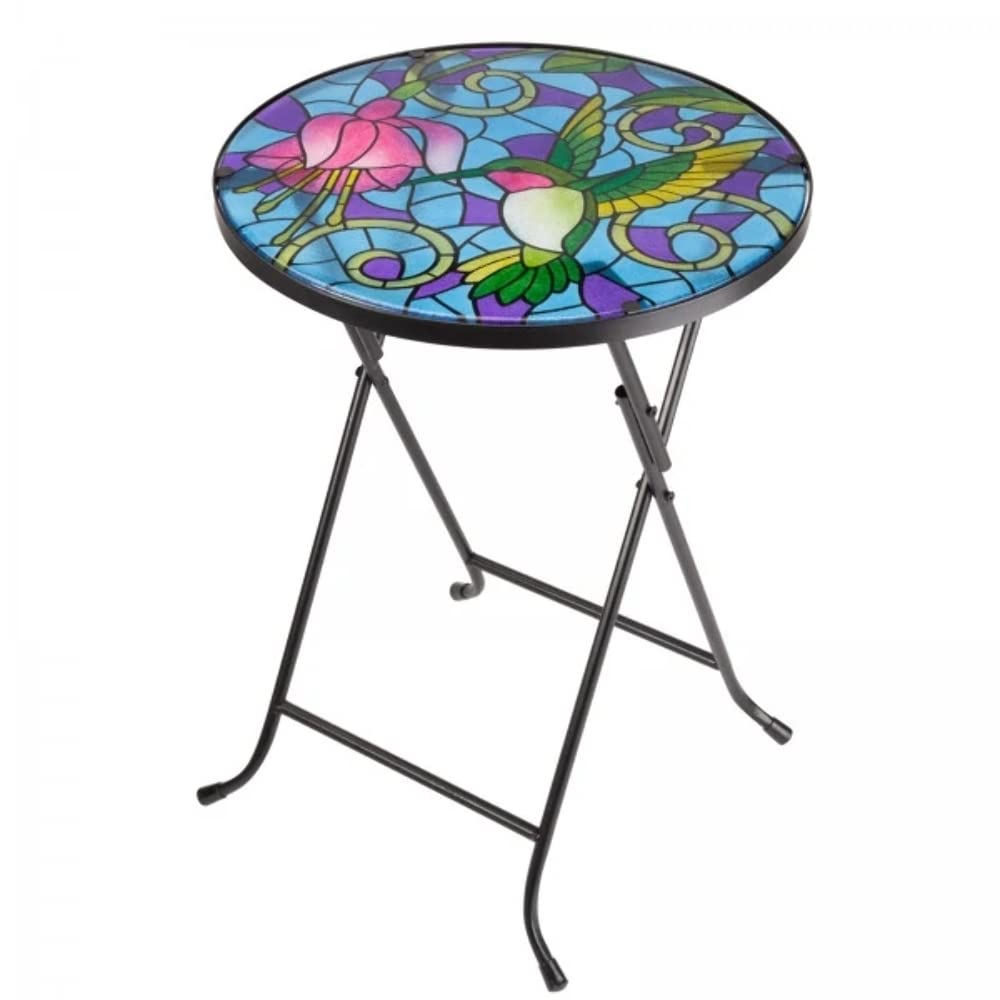 Small Folding Garden Table Glass Hand Painted Hummingbird Circular Foldable Coffee Table for Living Rooms Bistro Patio Tables Glass Top Garden Tables Fold Up Indoor & Outdoor Tables