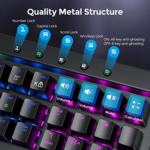 PICTEK Mechanical Gaming Keyboard [2019 Upgraded], Diverse Full-Spectrum Backlight Keyboard, 108 Keys Blue Switches/Detachable Wrist Rest Wired USB Keyboard, Computer Keyboard for PC Gamer - Thumbnail 4