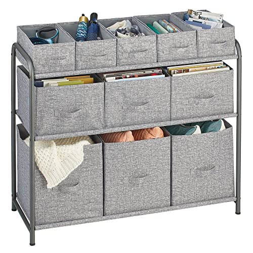 mDesign Wide 3Tier Soft Storage Organizer with Bins, Sturdy Steel Frame, Easy Pull Fabric Bins