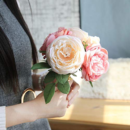 Artiflr Peonies Artificial Flower Bouquet, 5 Heads Peonies Silk Flowers Wedding Peony Flowers Bouquet Arrangement for Home Decor Party Floral Centerpieces Decoration(Pink Champagne) - Thumbnail 5