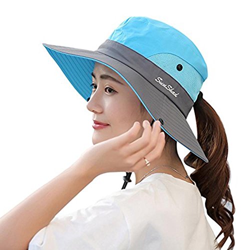 Premium Womens Summer Wide Brim Sun Hat UV Protection Foldable Mesh Caps UPF 50+ Beach Hat Adjustable Fishing Cap (Sky Blue)