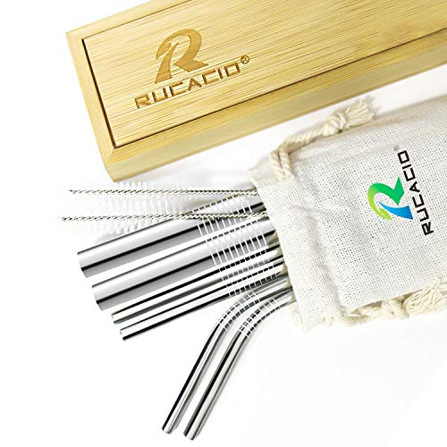 Stainless Steel Straws,RUCACIO Smoothie and Cocktail Straws Portable and Reusable,Gift Wrap Available,6 Metal Drinking Straws 8.5inches with 2 Brushes,Set of Gift for Friend (6 stainless steel straws)