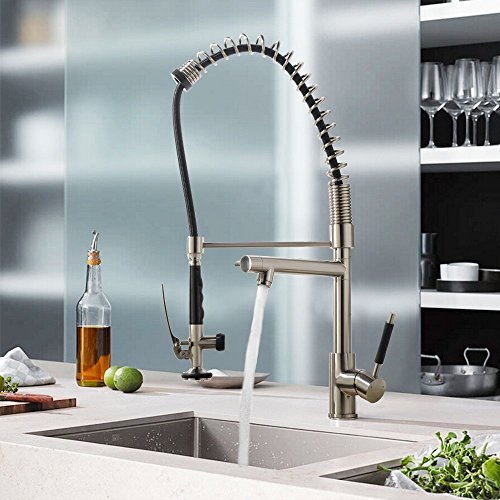 Luxice Commercial Solid Brass Single Handle High-Arc Deck Mounted Pull Down Kitchen Faucet Stainless Steel, Brushed Nickel Faucet with Special Spout Mixer Tap