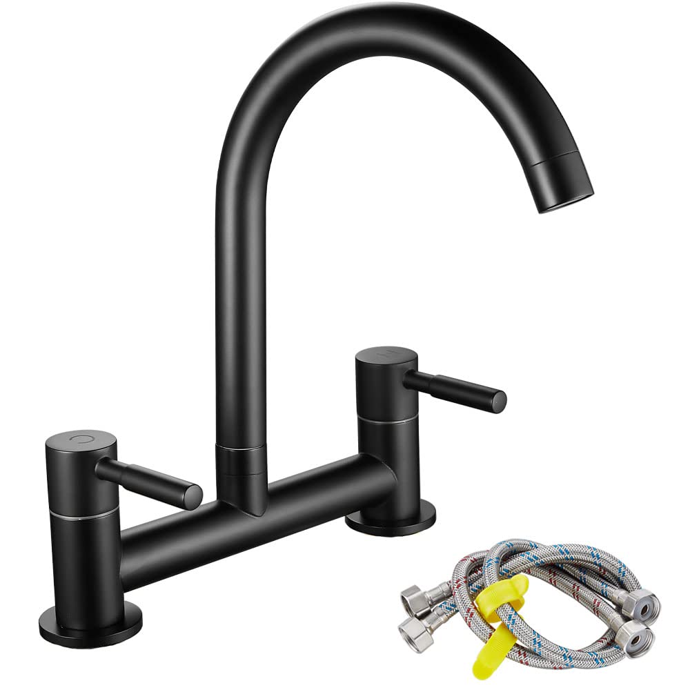 Maynosi Black Kitchen Sink Mixer Tap, Dual Lever Bridge Kitchen Mixer Taps, 2 Hole Sink Faucet, 180 mm Centers Deck Mounted, 1/4 Turn, 360° Swivel Spout, Brass, Include Flexible Hoses, Matte Black