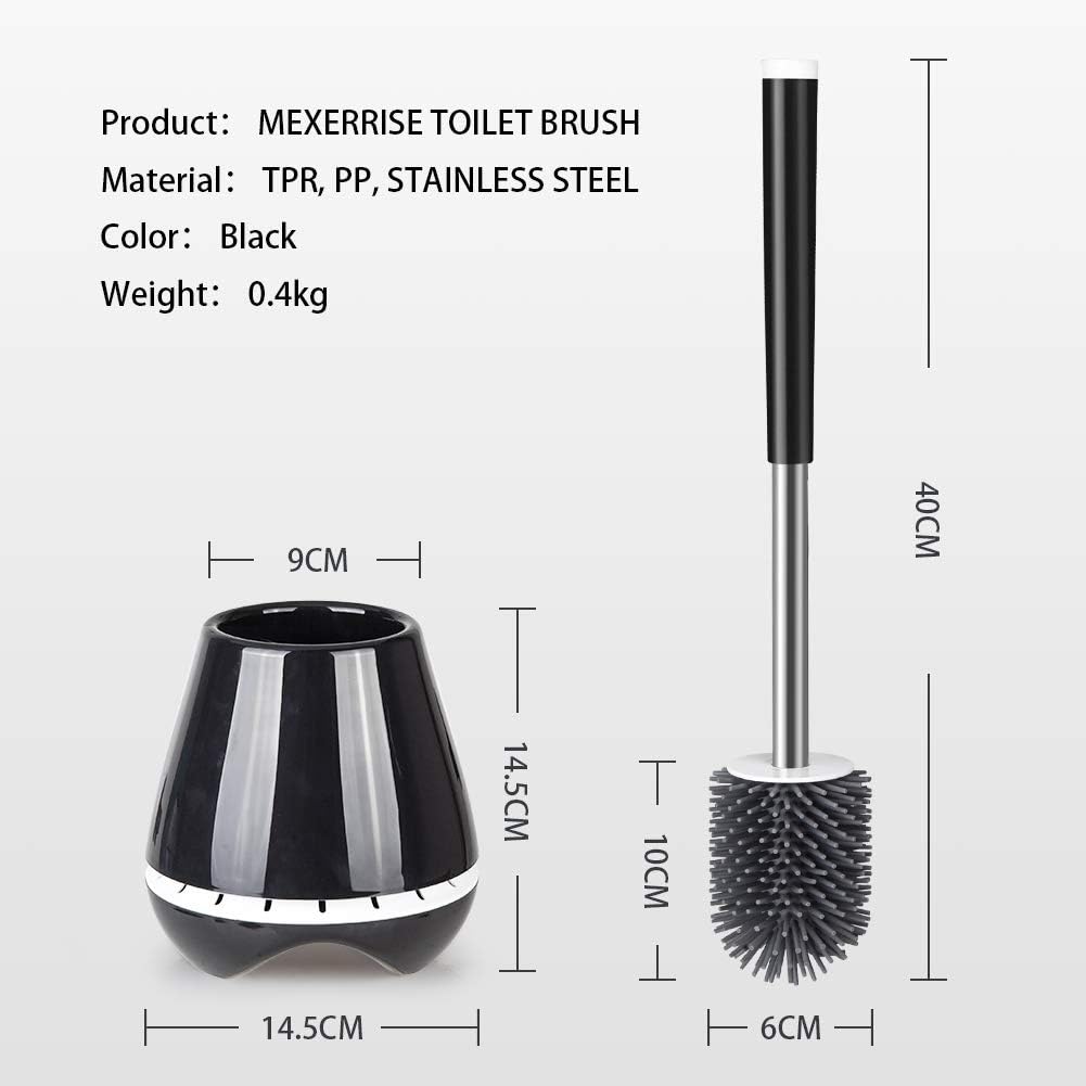 MEXERRIS Toilet Brush and Holder Set Stainless Steel with Soft Silicone Bristle, Sturdy Cleaning Toilet Bowl Cleaner Brush Set for Bathroom Storage Organization - Tweezers Included (Black): Kitchen & Dining