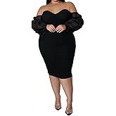 EDITCOZY Women Plus Size Dresses Curvy Off Shoulder Long Sleeve Cocktail Wedding Guest Bodycon Club Midi Dress
