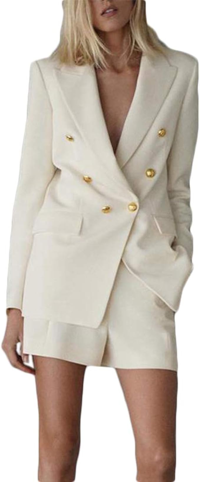 Women's White Double Breasted Suit Jacket Blazer and Short Pant with Pierced Collar Amazon.ca