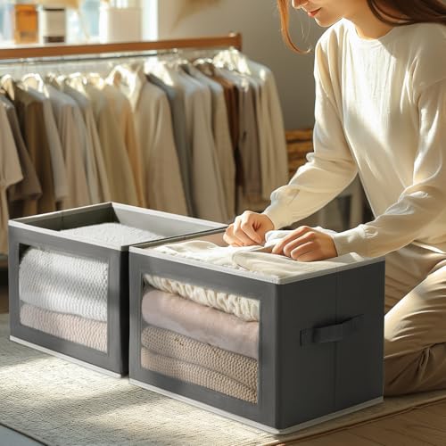 Homsorout Fabric Storage Boxes with Lids - 3 Pack Wardrobe Storage Organiser Bins with Transparent Window, Foldable Cube Storage Baskets for Toy, Clothes, Shoe, Books, Dark Grey