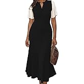 LAJIOJIO Women's Ribbed Knit Long Dress Button Down V Neck Short Sleeve Slim Fit Elegant Dresses