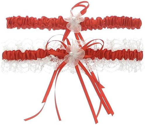 DivaDesigns Lace Ruffle Faux Pearl Chiffon Floral Ribbon Wedding Garter with Toss Away Red