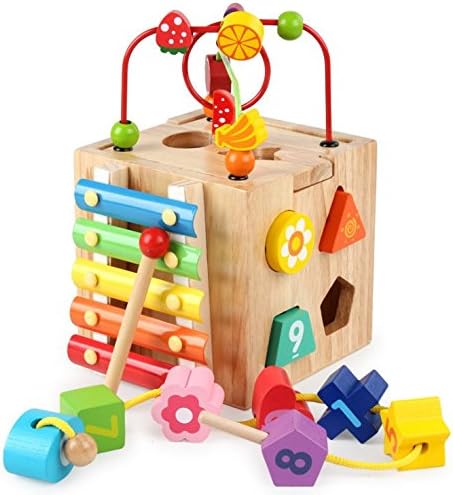 DalosDream Activity Cube, Learning Cube, 6 in 1 Multipurpose Wooden Activity Cube Bead Maze Toy for Baby's &amp; Toddlers