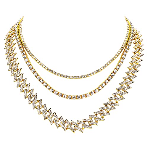 HH BLING EMPIRE Gold Silver Chain Necklace for Men Women Iced Out Diamond Tennis and Cuban Link Chain Necklaces Hip Hop Jewelry Sets 3Pc 18/20/24 Inch
