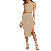 HUUSA 2 Piece Dress for Women Sexy Sleeveless Slim Bodycon Split Midi Dresses Casual Crewneck Tank Tops High Waist Skirt Sets