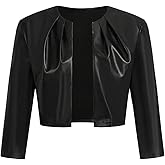 MakeMeChic Women's PU Leather Cropped Jacket 3/4 Sleeve Pleated Open Front Coat Outerwear