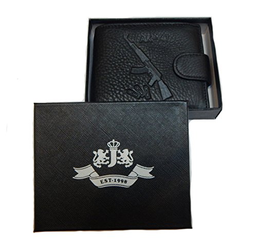 Mossad AK47 Men's Genuine BLACK Leather Wallet - Gift Boxed Bi-Fold Leather Wallet