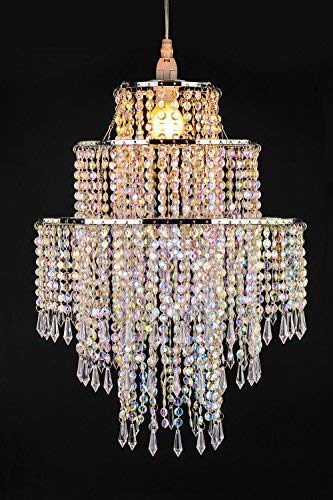 Waneway Large 3 Tiers Beads Pendant Shade, Ceiling Chandelier Lampshade with Acrylic Jewel Droplets, Beaded Lampshade with Chrome Frame and Sparkling Beads, Diameter 12.6 inches, Clear