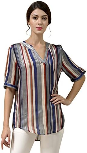 Walk Arrive Women’s Chiffon Blouse Half Sleeve Shirts Stripe Blouse V Neck Blouse Short Sleeve Shirts Ladies Tees Tops (XX-Large, Multicolor in Beige)