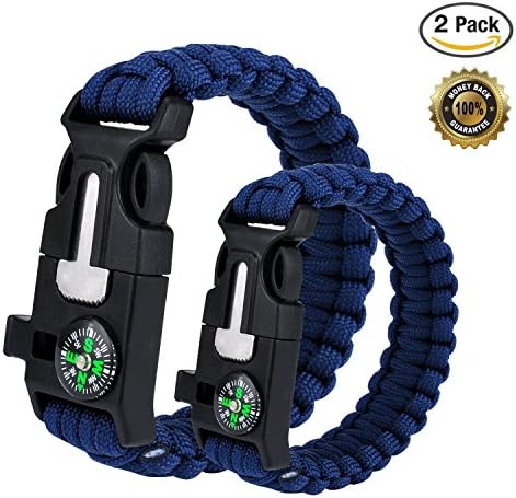 2PCS Survival Bracelet, Outdoor Survival Paracord Bracelet Kit with Compass, Whistle, Knife, Flint Fire Starter for Camping Hiking Fishing Running