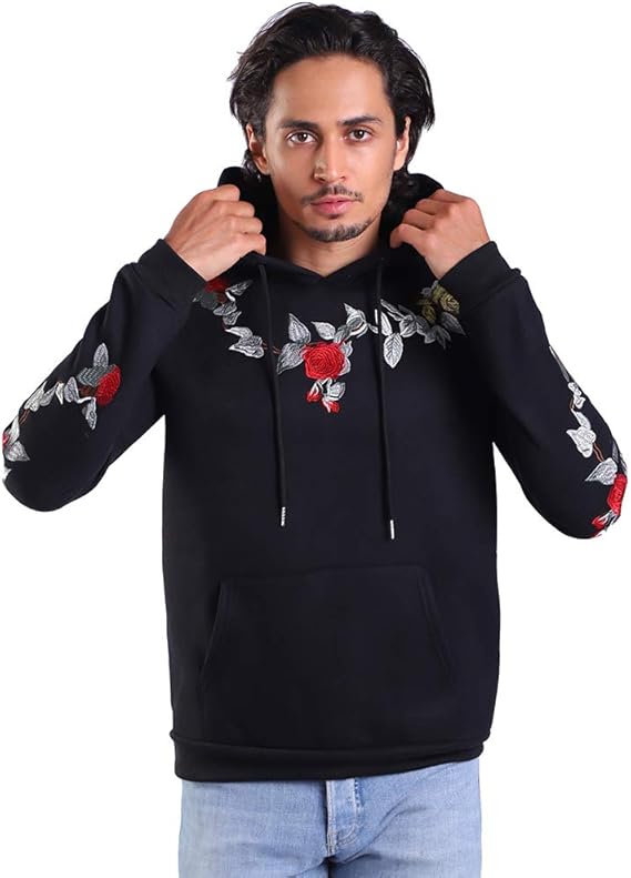 Amazon メンズ スウェットシャツ 花柄 枝 花 バラ 刺繍 ファニー パーカー プルオーバー ポケット付き Us サイズ Medium カラー ブラック トレーナー パーカー 通販