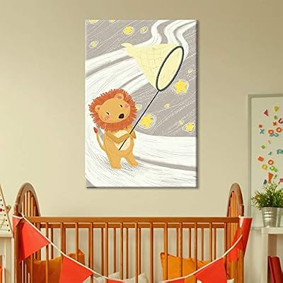 Cute Cartoon Animals Canvas Wall Art - A Lion Catching Stars with a Net - Giclee Print Gallery Wrap Kid's Room Wall Art | Ready to Hang - 16