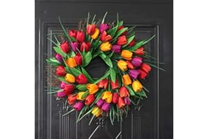 Tulip Wreath Spring Wreath for Door, Artificial Tulip Flowers Wreath for Front Door Window Wall Easter Party Wedding Decor(45