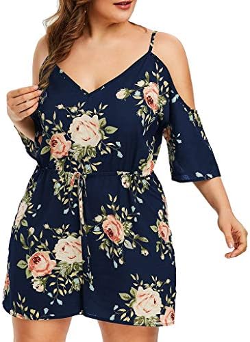 Plus Size Jumpsuits Womens Summer Floral Cold Shoulder Jumpsuit Bodysuit V-Neck Romper Short Pants by Gyouanime