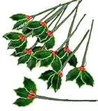 Package of 36 Miniature Lacquered Holly Leaves with Bright Red Berry Stems for Holiday Crafts and Floral Projects