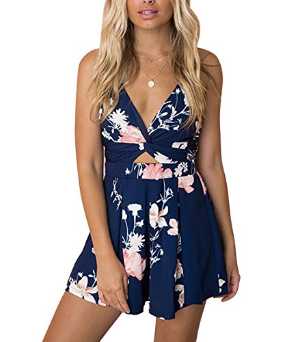 Women Sexy V Neck Printed Spaghetti Strap Beach Romper Shorts Jumpsuit Summer Playsuit, Light Blue 2, Large