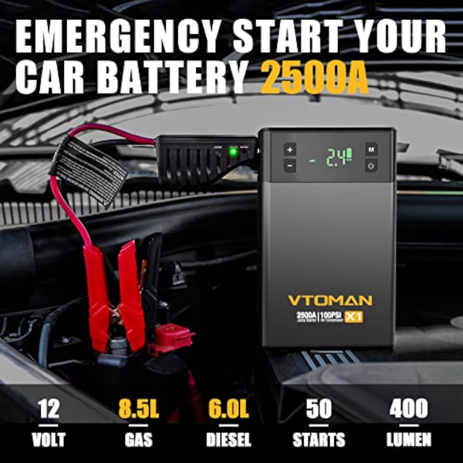 汽车应急启动电源 2500A+150PSI打气泵 50%OFF