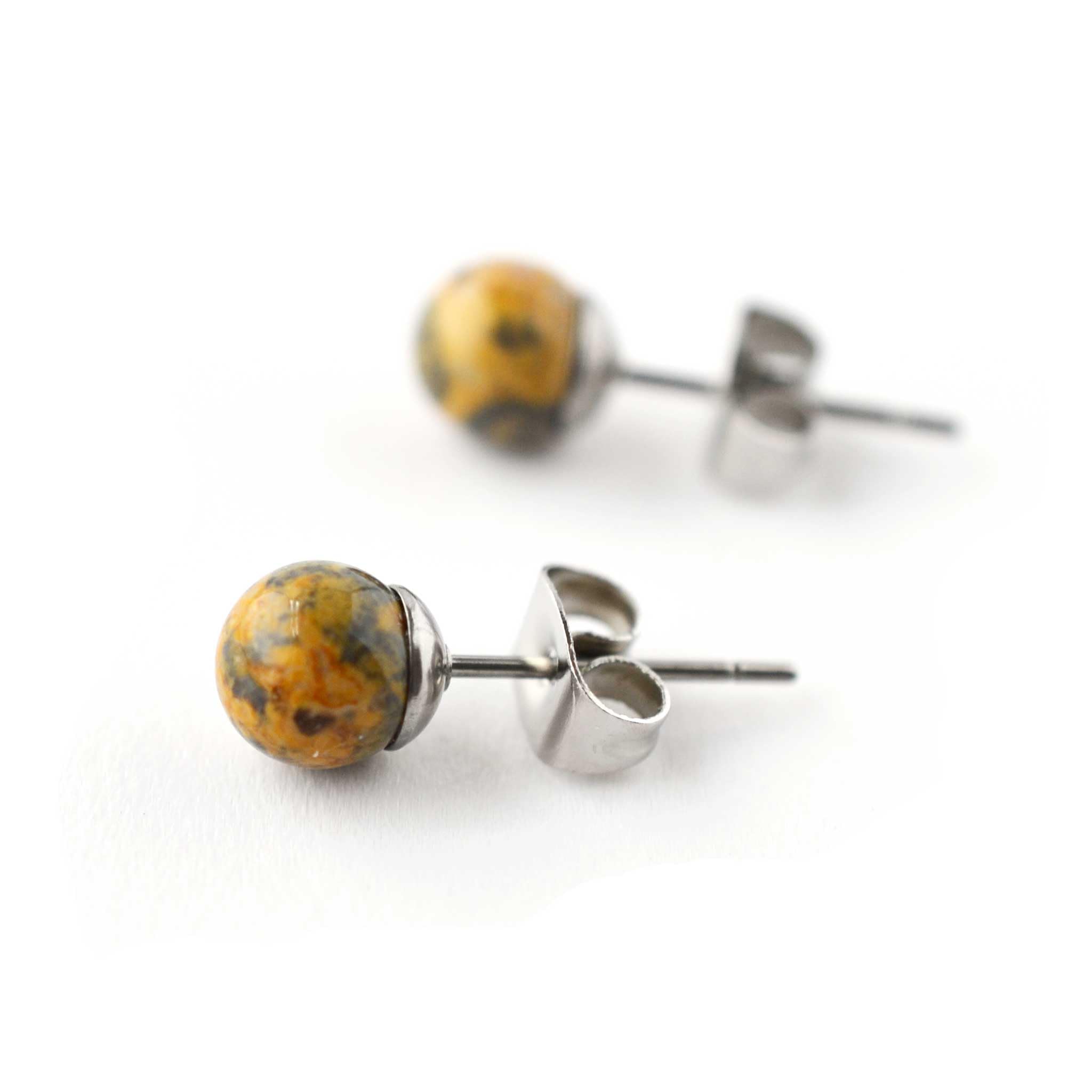6mm Jasper Earrings Studs, Hypoallergenic Surgical Steel For Sensitive Ears