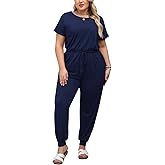 Nemidor Plus Size Casual Jumpsuits for Curvy Women Summer Short Sleeve Drawstring Waist Long Pant Romper with Pocket 16-26