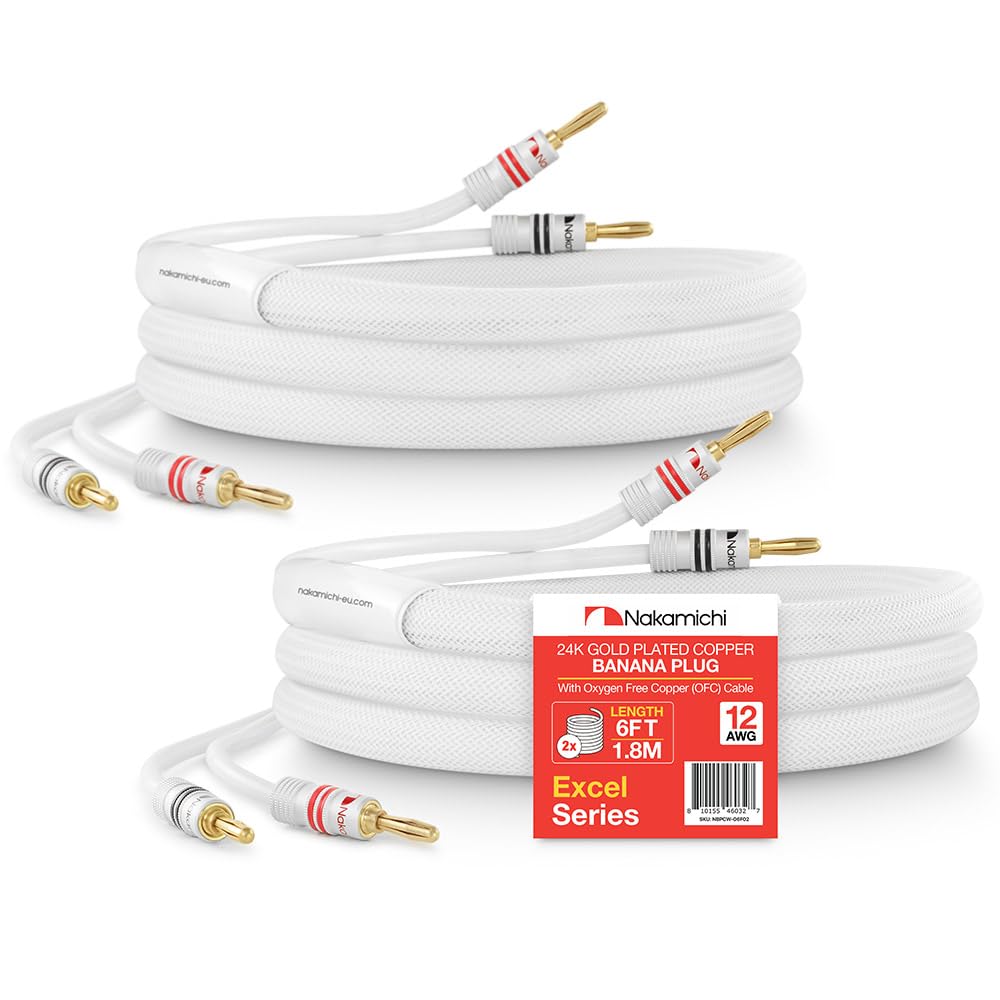 Nakamichi Excel Series 24k Gold Plated Banana Plug with (6 Feet) Speaker Cable Wire 99.9% Oxygen-Free Copper (OFC) Heavy Duty Braided in-Wall CL2 Rated - White (12AWG / 6ft / 1.8m) 2-Pack