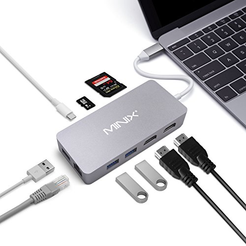 MINIX USB-C Hub Multiport Adapter with Dual HDMI Output, 4K Adapter, 3 USB 3.0 Ports, Gigabit Ethernet Port,USB-C Charging Port, Micro SD/SD Card Readers for Apple MacBook/MacBook Pro. (Space Gray)