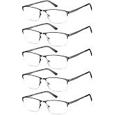 EYECEDAR 5 Pack Reading Glasses Men Blue Light Blocking Eyeglasses Gunmetal Gray Metal Half Frame Spring Hinges Readers for Men and Women 1.5