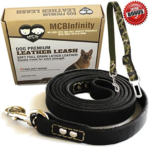 MCBInfinity Leather Dog Training Leash- Heavy Duty 6 Foot x 3/4 Inch Latigo Leather 2 Metal Rivets Each End+ BONUS Dog Car Safety Belt &amp; Ebook K9 Lead Best Walking Training Medium Large Dogs (Black)