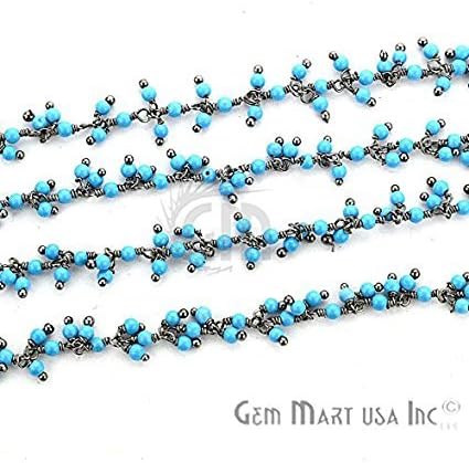3 Feet Turquoise Cluster Rosary Style Beaded Chain, 2-2.5mm Black Plated Wire Wrapped Gemstone Chain For Jewelry Making GR1294