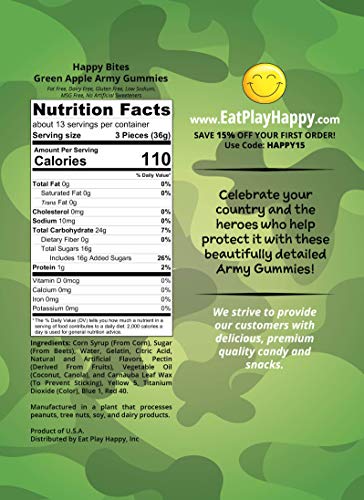 Happy Bites Green Apple Army Gummies - American Military Heroes - Gluten Free, Fat Free & Dairy Free (Resealable 1 Pound Bag) - Thumbnail 2