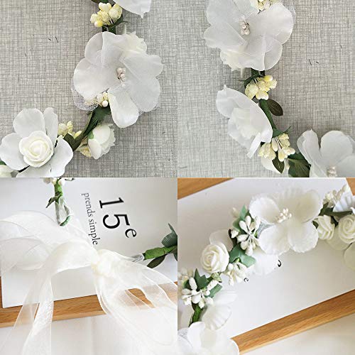Flower Crown Headband Wreath Garland Hair Bands Floral Wedding Bridal Hair Hoop Women Leaf Ribbon Party Decoration Headdress Headwear Christmas Handmade Headpiece Hair Accessories 2 Pack White