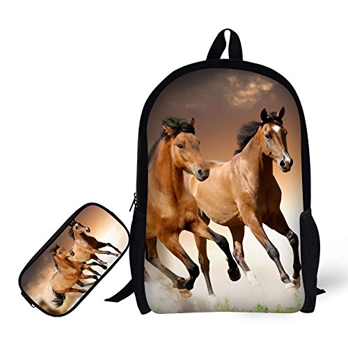 Primary Backpack with pencil Bag,3D Horse Pattern for Students Book Bag